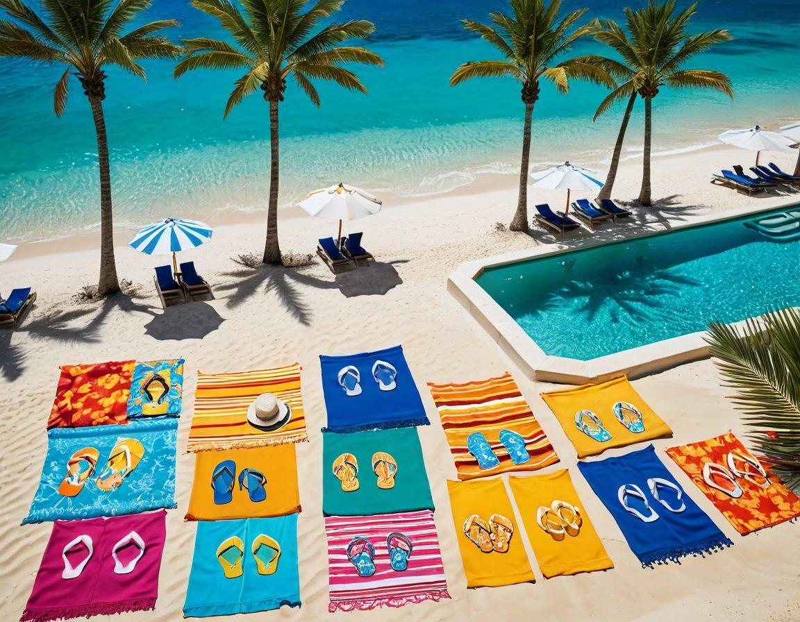A vibrant beach scene showcasing a variety of stylish beachwear essentials laid out on golden sandy shores, with colorful beach towels, sun hats, flip-flops, and designer swimsuits. In the background, a luxurious pool area adorned with palm trees and sun loungers, featuring crystal clear water reflecting the sun. The vivid colors and upbeat atmosphere invite readers to explore more about beach fashion. bright colors. super-realistic. cheerful mood.