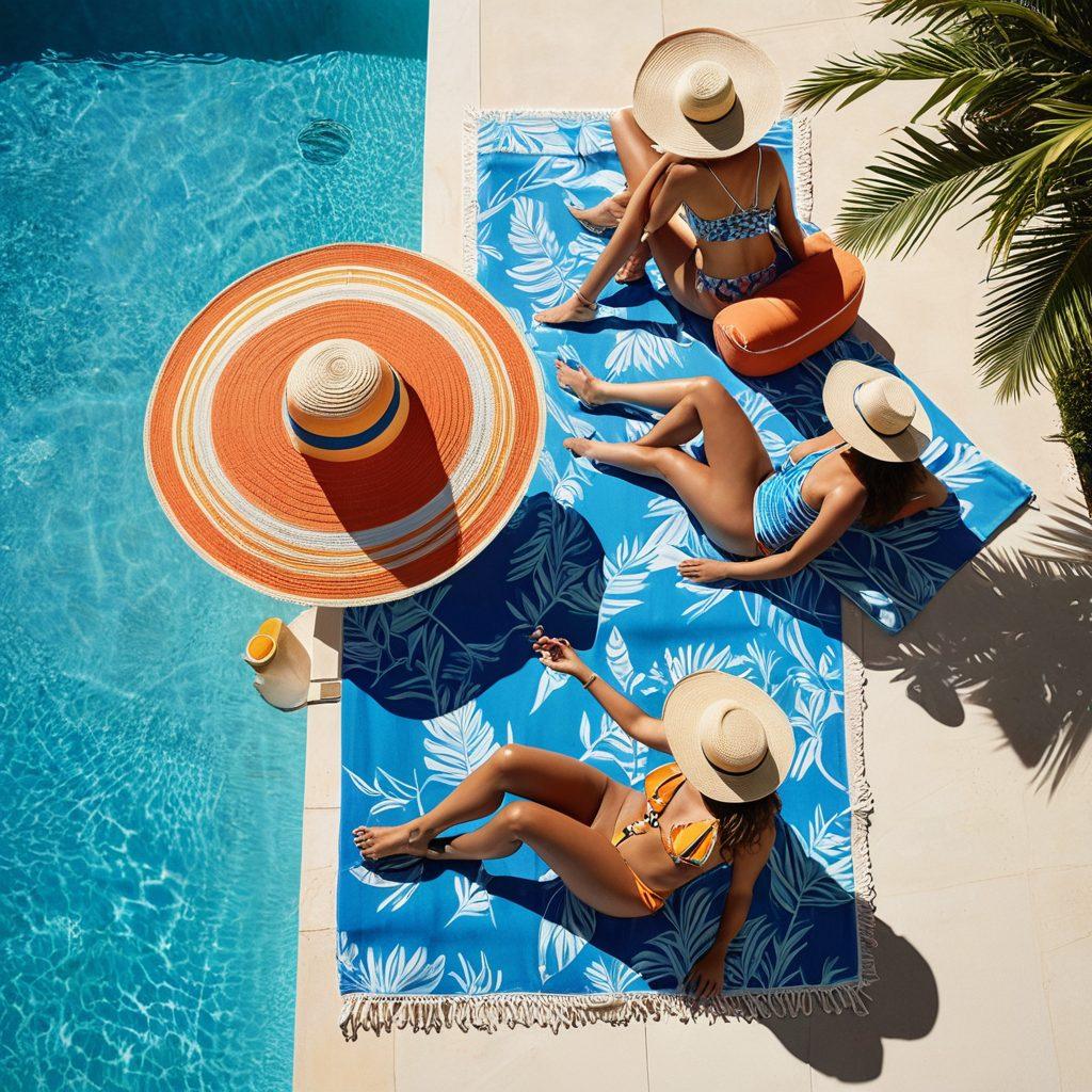 A vibrant poolside scene featuring a diverse group of stylish individuals showcasing various swimwear and beach outfits. Include a sunlit background with palm trees and a sparkling blue pool, as well as colorful beach towels and sun hats, capturing the essence of summer and relaxation. Emphasize the latest swimwear trends with eye-catching patterns and accessories. sun-soaked, lively atmosphere. vibrant colors. super-realistic.